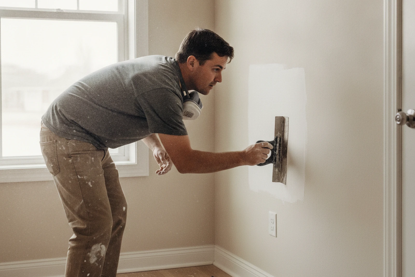 Drywall repair specialist applying compound wall patch Rexburg Idaho Madison County BYU-Idaho rental property Tyler eastern Idaho