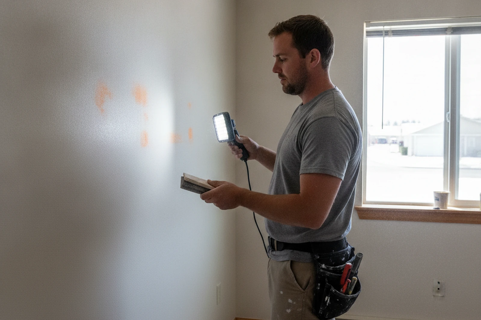 Drywall repair specialist Tyler reviewing completed repair Rexburg Idaho Madison County BYU-Idaho rental property eastern Idaho